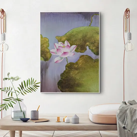 Elegant Lotus and Lotus Leaf Decorative Oil Painting with Rich and Prosperous Zen Intent Customized Handmade/Handpainted Oil Painting Wall Art for Home Decor 