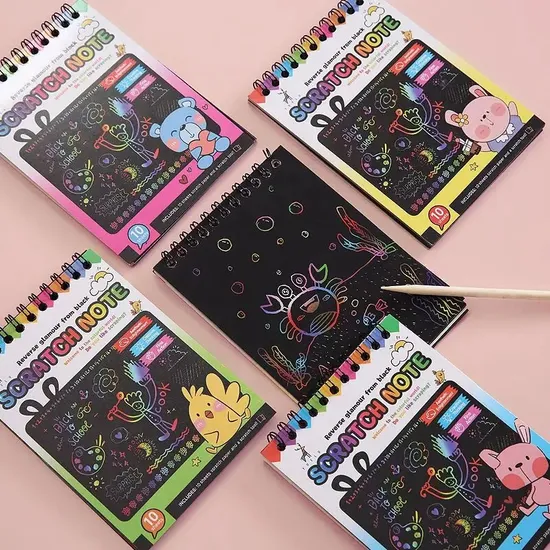 Children DIY Scratch Painting Note Magic Colorful Rainbow Scratch Art Paper Cards with Graffiti Stencil Kids Drawing Toy 